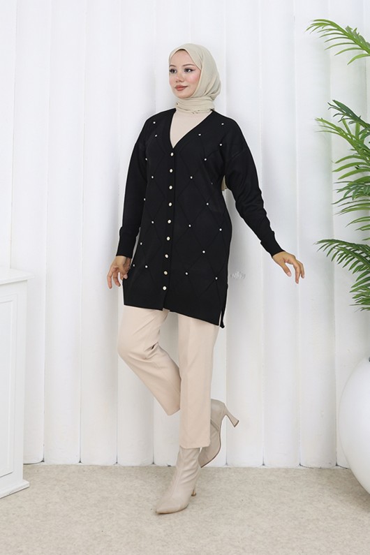 Taşlı Baklava Desenli Uzun Hırka N3246 Siyah