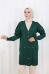 Taşlı Baklava Desenli Uzun Hırka N3246 Zümrüt Yeşili