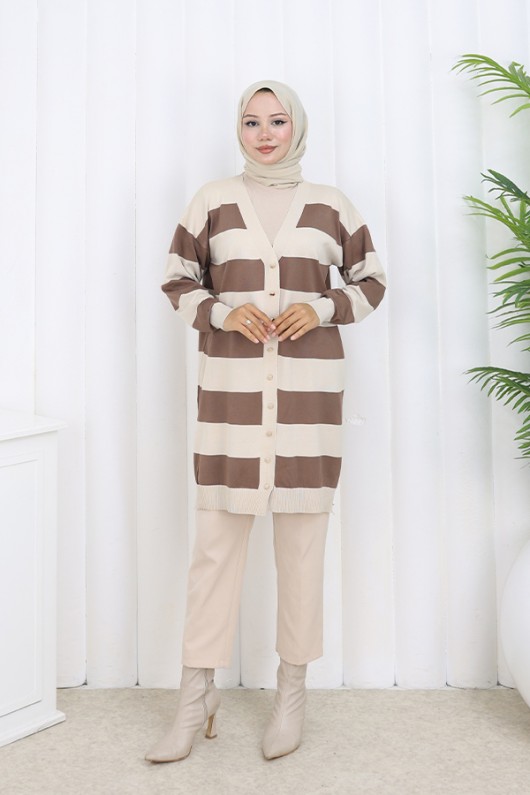 Çizgili Uzun Merserize Hırka N3217 Taş Rengi