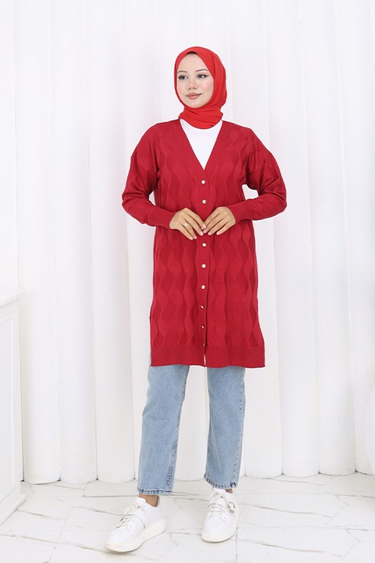 Desenli Uzun Merserize Hırka N3239 Kırmızı