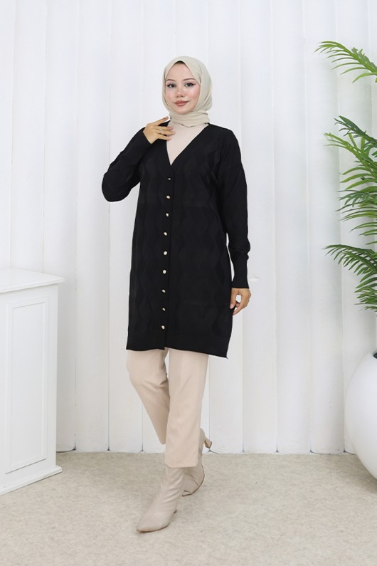 Desenli Uzun Merserize Hırka N3239 Siyah