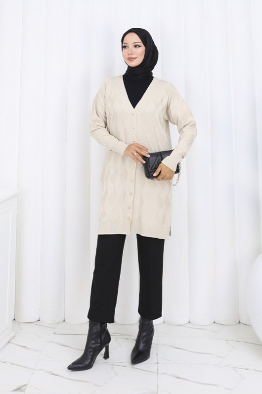 Desenli Uzun Merserize Hırka N3239 Taş Rengi