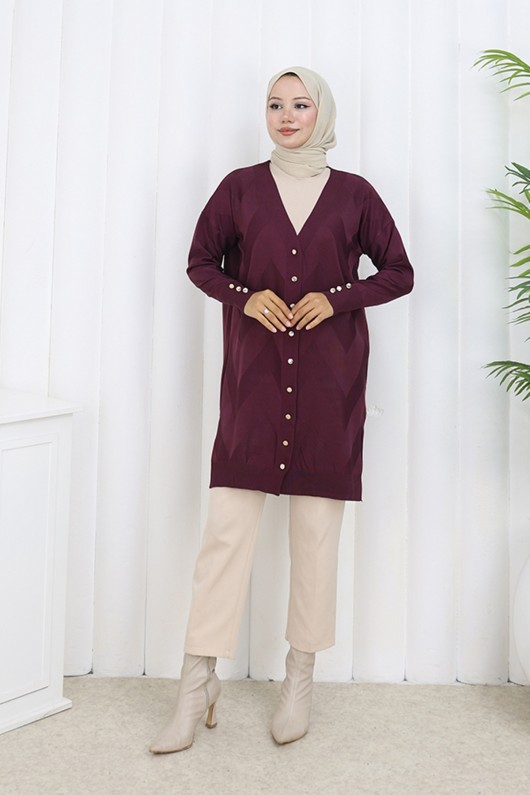 Desenli Uzun Merserize Hırka N3193 Bordo