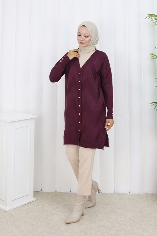 Desenli Uzun Merserize Hırka N3193 Bordo