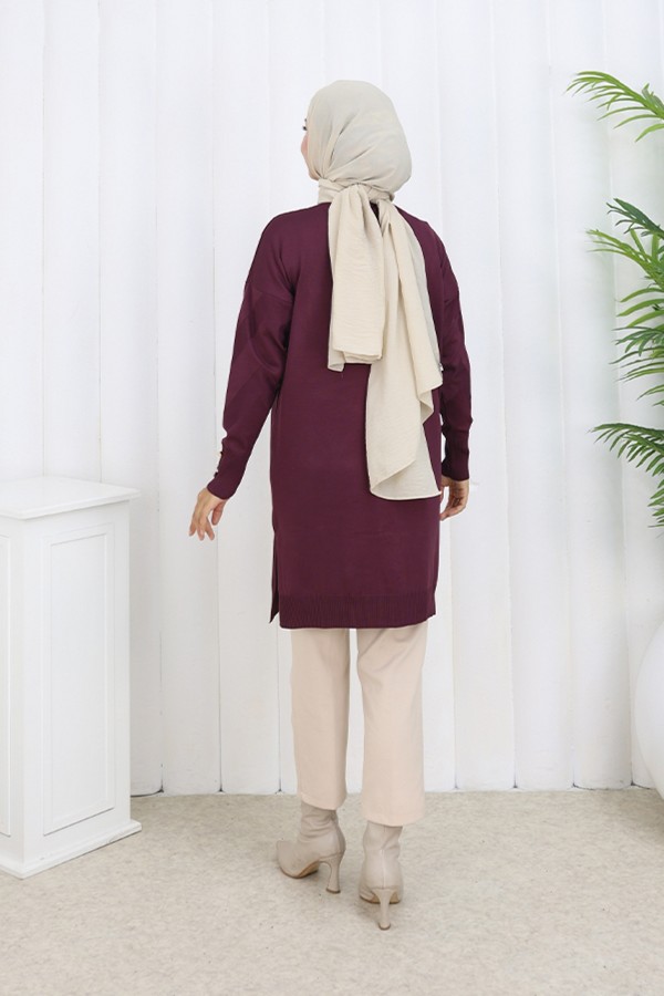 Desenli Uzun Merserize Hırka N3193 Bordo