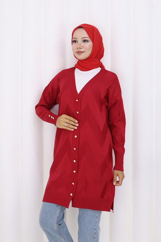 Desenli Uzun Merserize Hırka N3193 Kırmızı