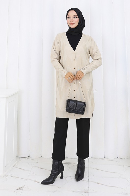 Desenli Uzun Merserize Hırka N3193 Taş Rengi