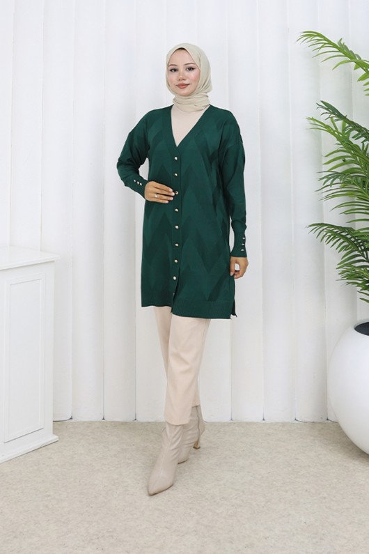 Desenli Uzun Merserize Hırka N3193 Zümrüt Yeşili