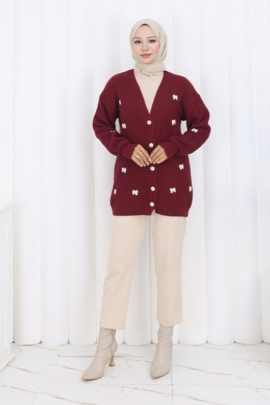 Fiyonk Detaylı Triko Hırka N490 Bordo