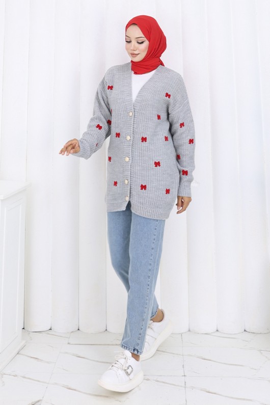 Fiyonk Detaylı Triko Hırka N490 Gri