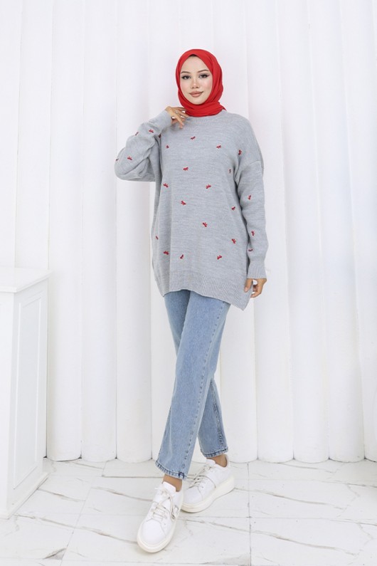 Fiyonk Desenli Triko Kazak N3251 Gri