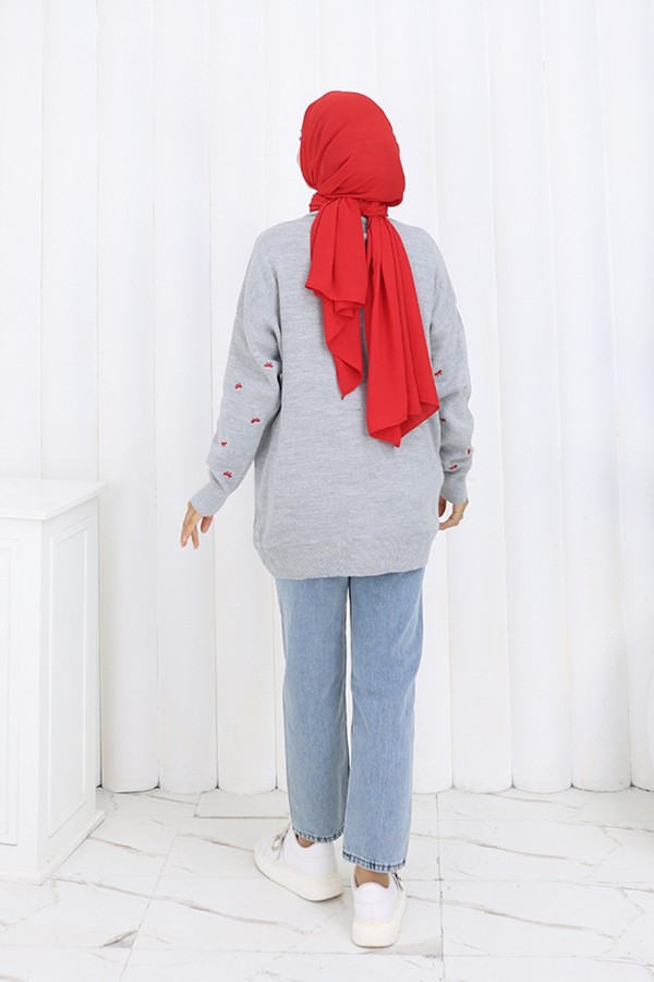 Fiyonk Desenli Triko Kazak N3251 Gri