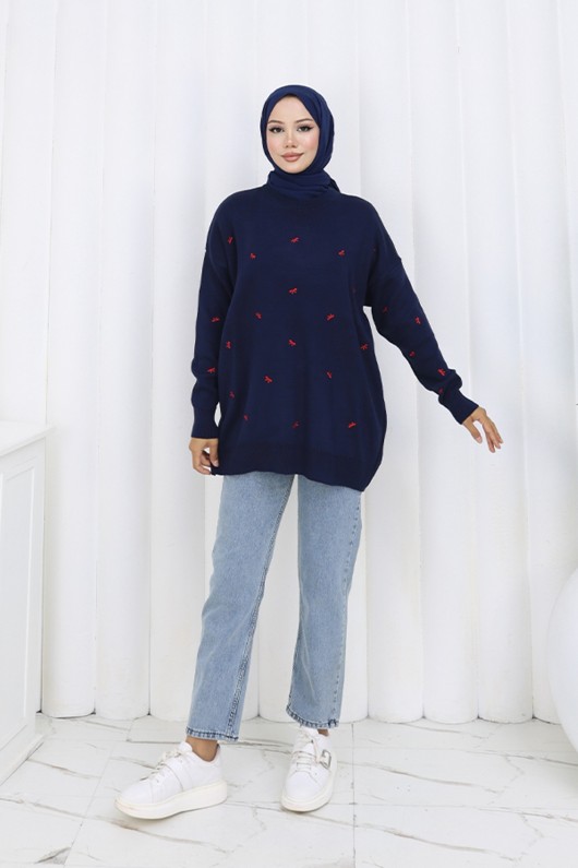 Fiyonk Desenli Triko Kazak N3251 Lacivert