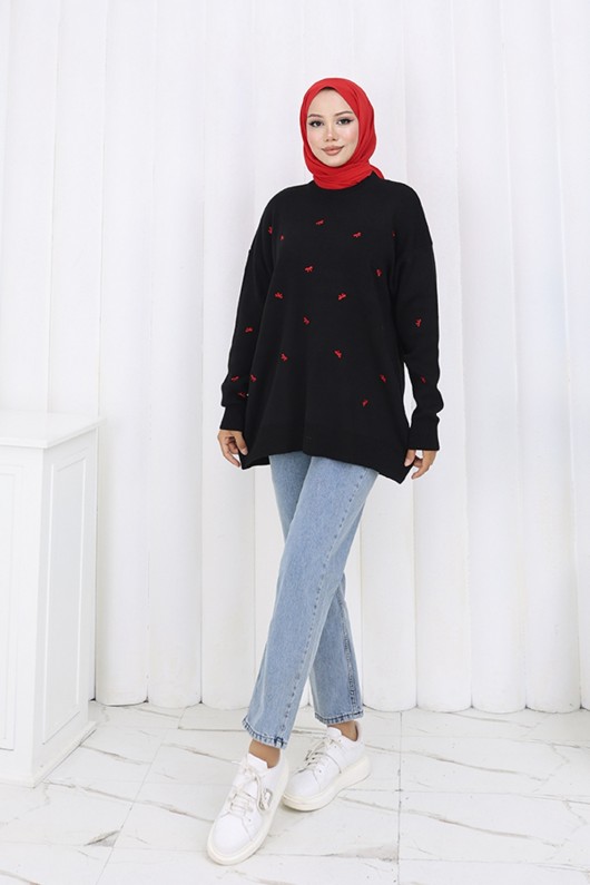 Fiyonk Desenli Triko Kazak N3251 Siyah