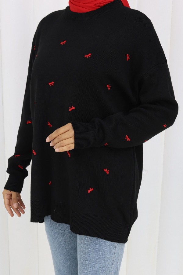 Fiyonk Desenli Triko Kazak N3251 Siyah