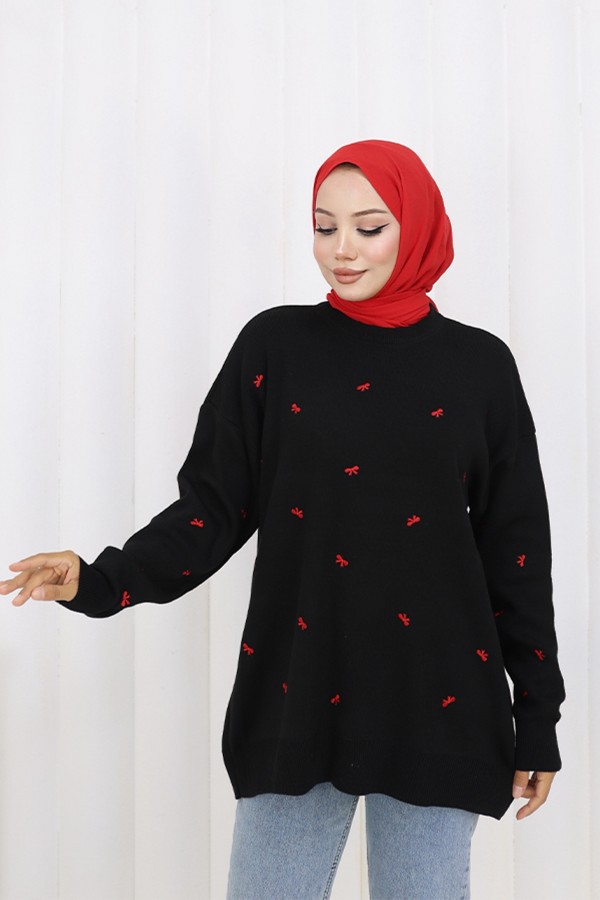 Fiyonk Desenli Triko Kazak N3251 Siyah
