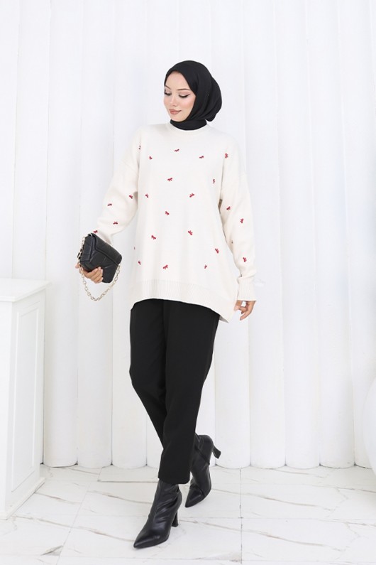 Fiyonk Desenli Triko Kazak N3251 Taş Rengi