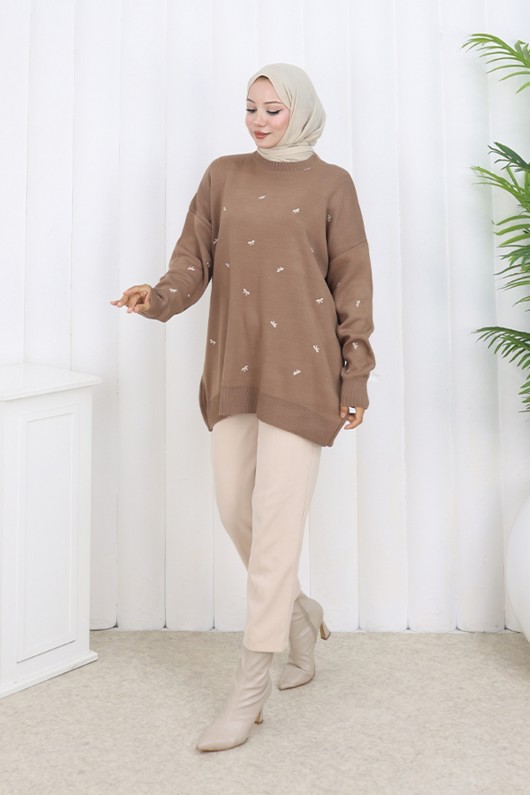 Fiyonk Desenli Triko Kazak N3251 Vizon