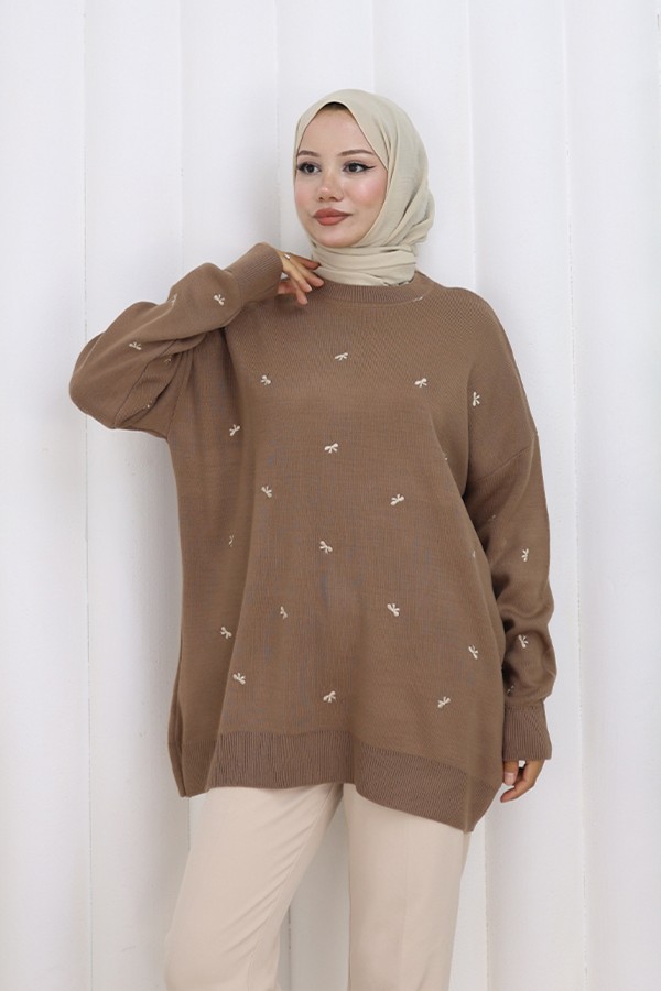 Fiyonk Desenli Triko Kazak N3251 Vizon