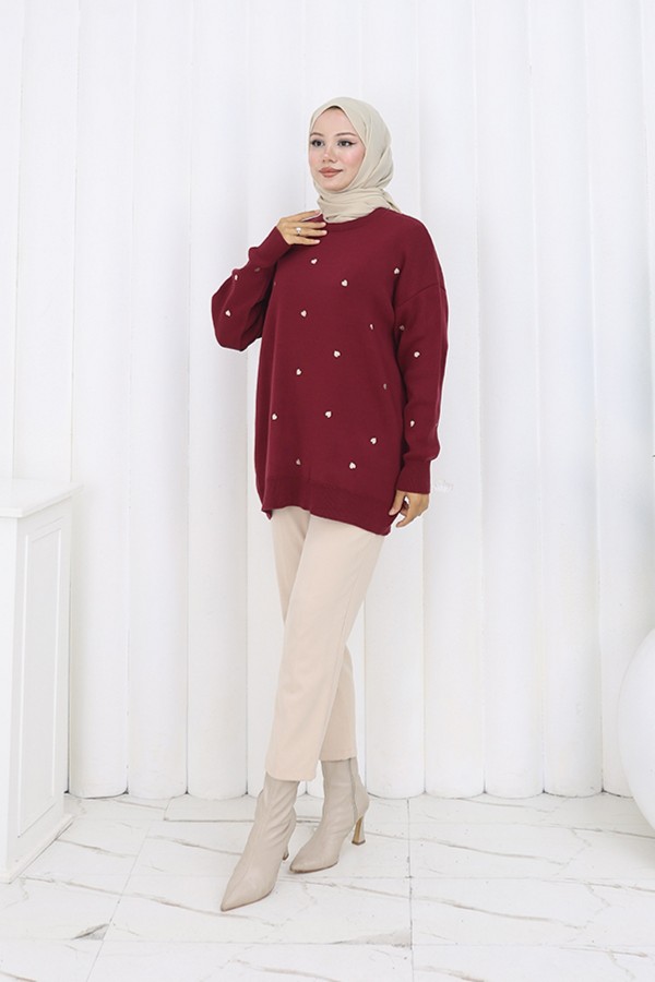 Kalp Nakışlı Triko Kazak N3253 Bordo