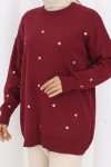 Kalp Nakışlı Triko Kazak N3253 Bordo