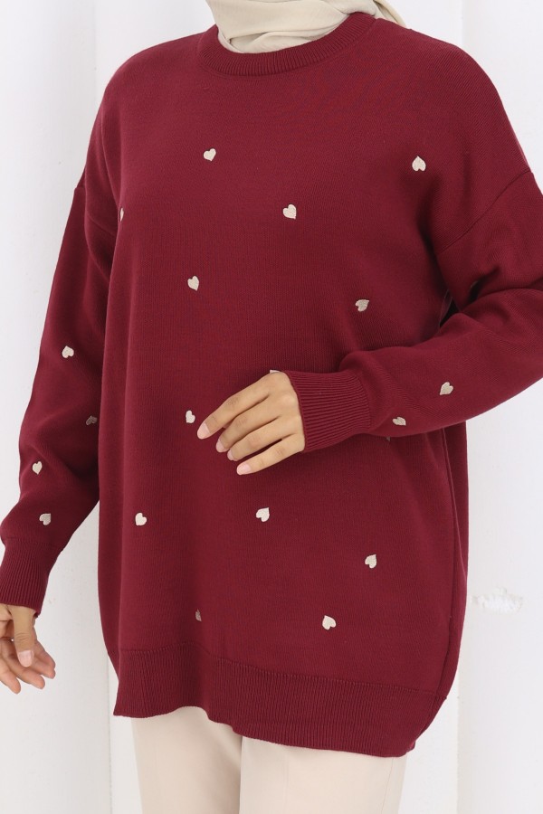 Kalp Nakışlı Triko Kazak N3253 Bordo