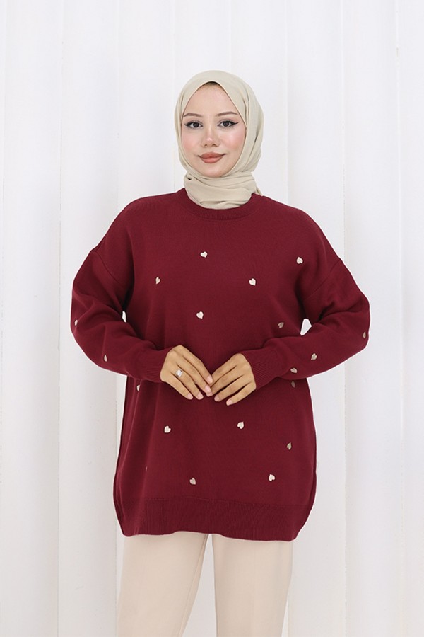 Kalp Nakışlı Triko Kazak N3253 Bordo