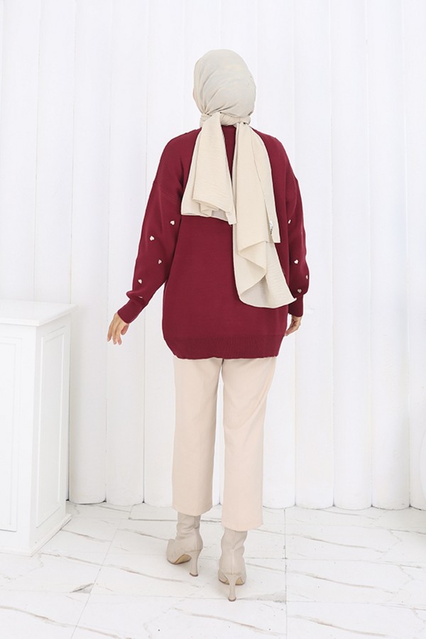 Kalp Nakışlı Triko Kazak N3253 Bordo