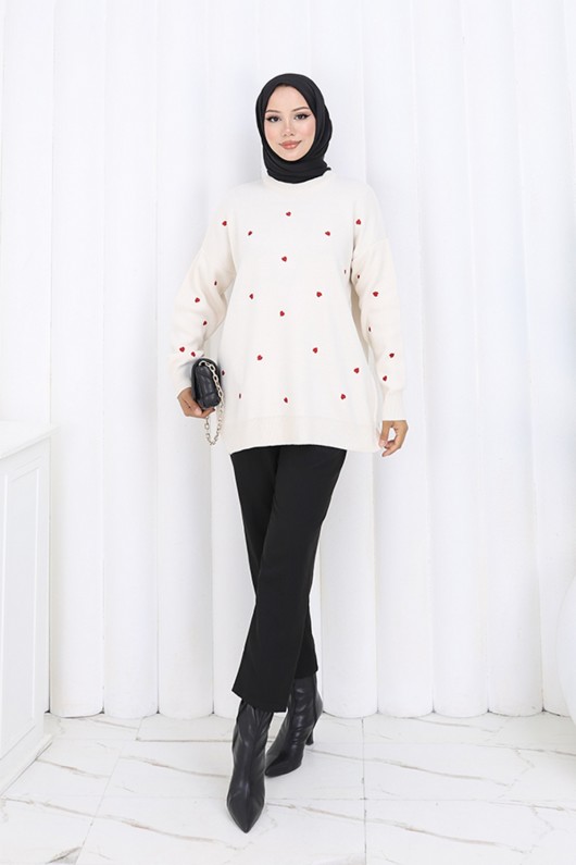 Kalp Nakışlı Triko Kazak N3253 Taş Rengi Kalp Nakışlı Triko Kazak N3253 Taş Rengi