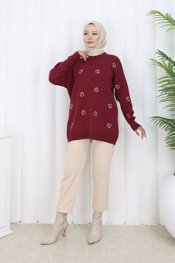 Kalp Nakışlı Triko Kazak N3254 Bordo