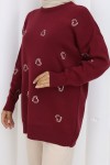 Kalp Nakışlı Triko Kazak N3254 Bordo