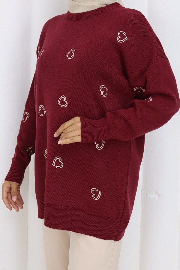 Kalp Nakışlı Triko Kazak N3254 Bordo