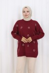 Kalp Nakışlı Triko Kazak N3254 Bordo