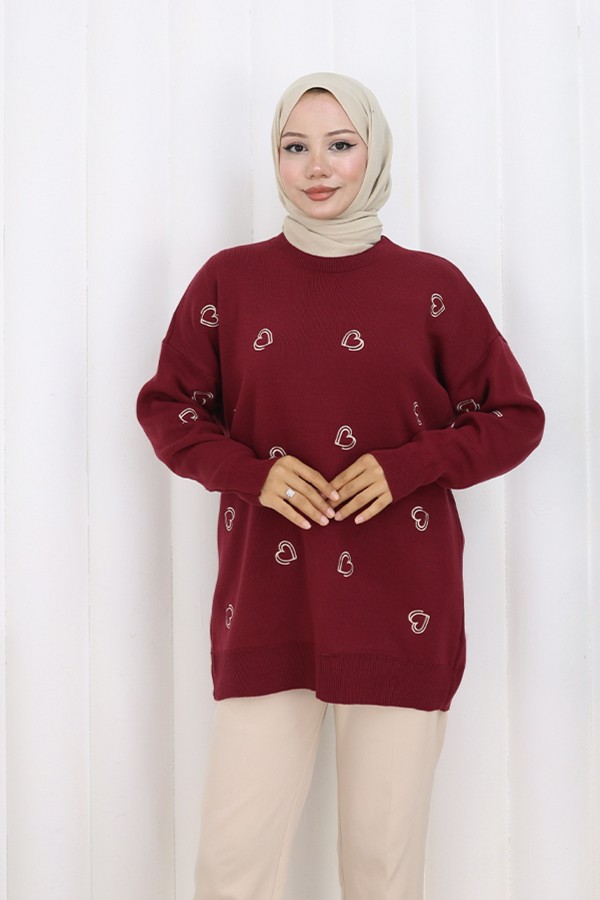 Kalp Nakışlı Triko Kazak N3254 Bordo
