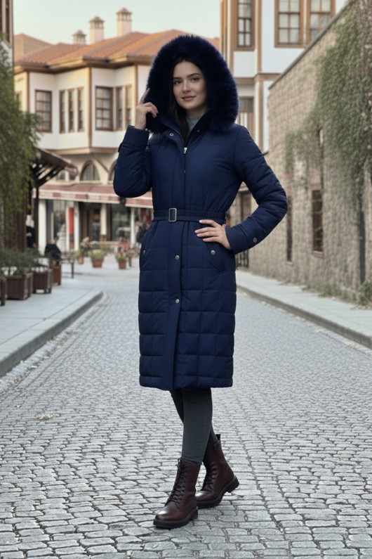 Yakası Kürklü Kapitone Mont O2000-1 Lacivert