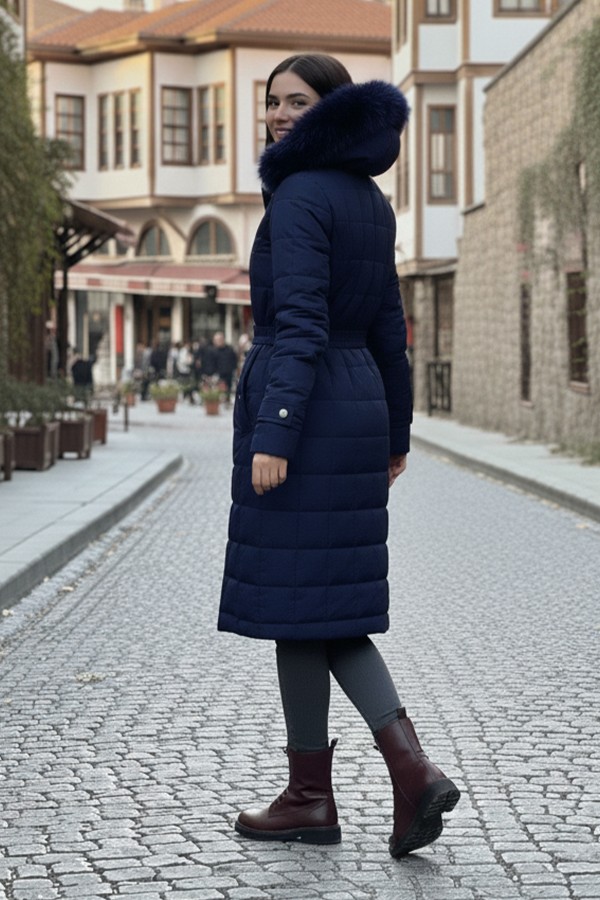 Yakası Kürklü Kapitone Mont O2000-1 Lacivert
