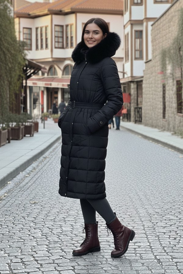 Yakası Kürklü Kapitone Mont O2000-1 Siyah Yakası Kürklü Kapitone Mont O2000-1 Siyah