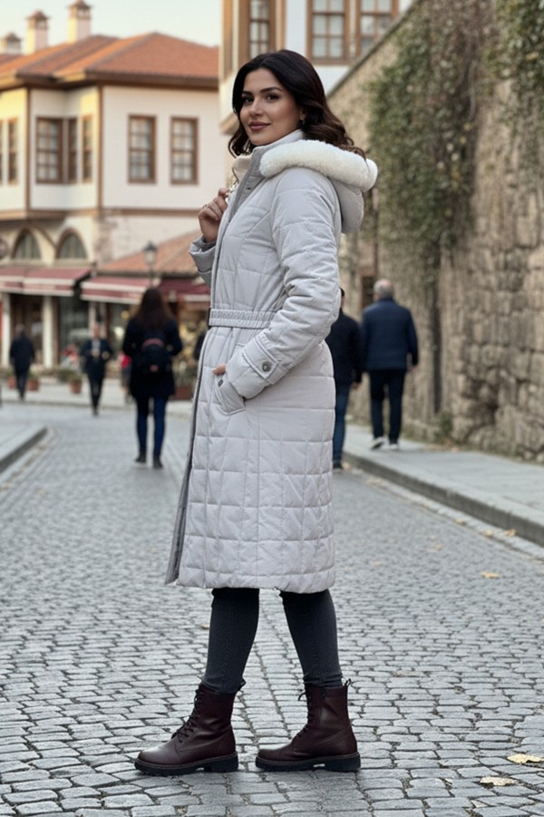 Yakası Kürklü Kapitone Mont O2000-1 Taş Rengi