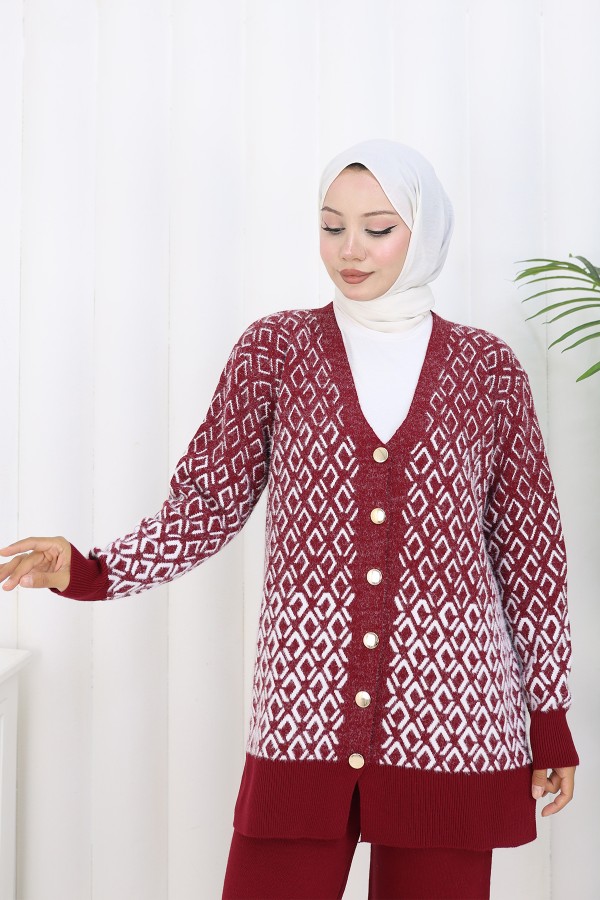 Desenli Triko Hırka Takım S1044 Bordo