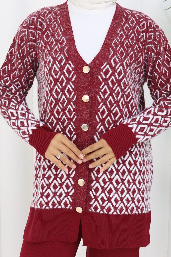 Desenli Triko Hırka Takım S1044 Bordo