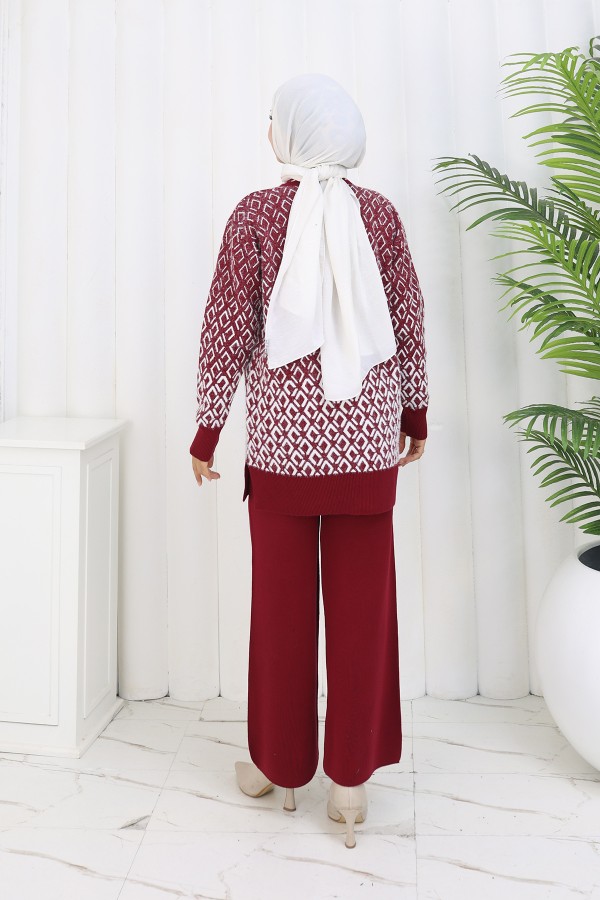 Desenli Triko Hırka Takım S1044 Bordo
