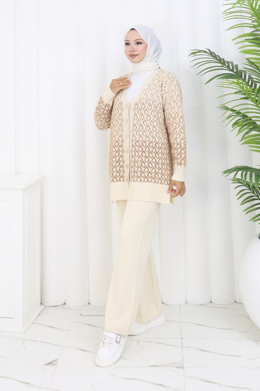 Desenli Triko Hırka Takım S1044 Taş Rengi