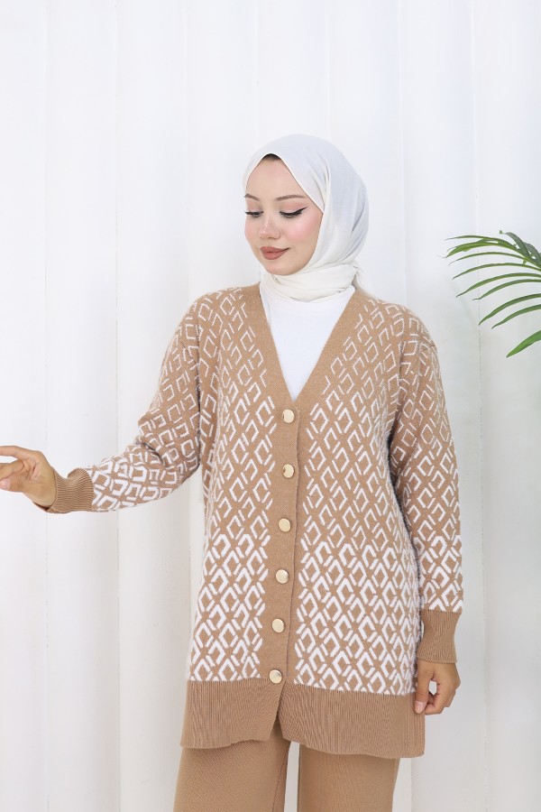 Desenli Triko Hırka Takım S1044 Vizon Desenli Triko Hırka Takım S1044 Vizon