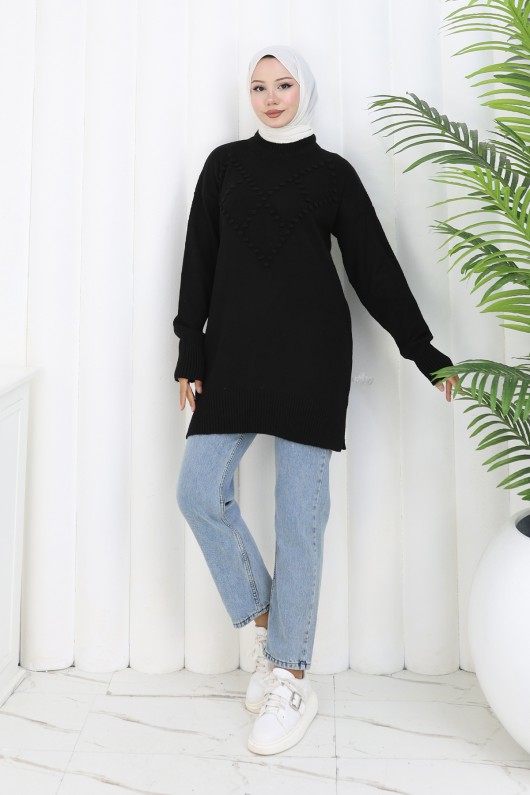 Ponponlu Triko Kazak S3023 Siyah Ponponlu Triko Kazak S3023 Siyah