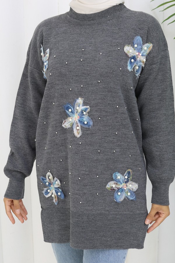 Çiçekli Triko Tunik S3010 Antrasit Çiçekli Triko Tunik S3010 Antrasit