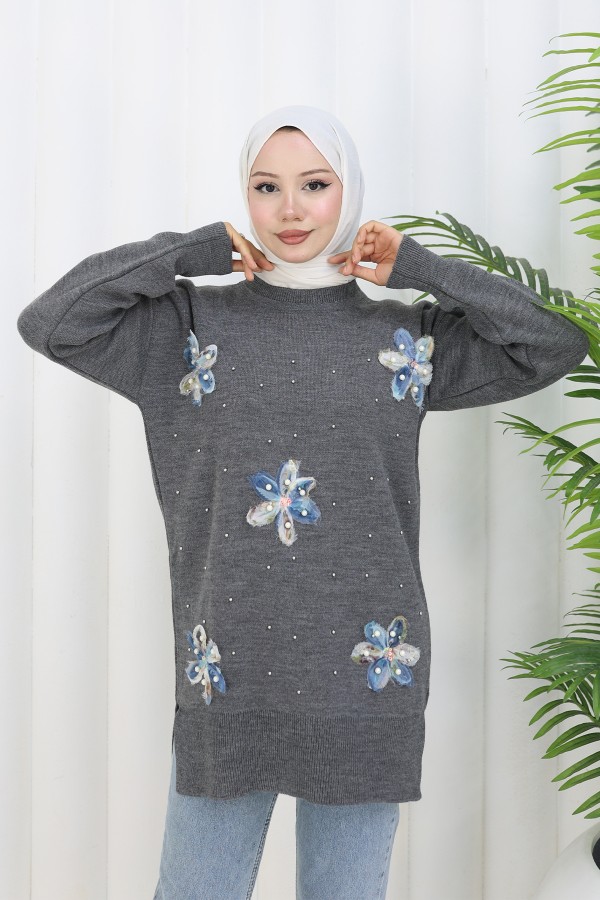 Çiçekli Triko Tunik S3010 Antrasit Çiçekli Triko Tunik S3010 Antrasit