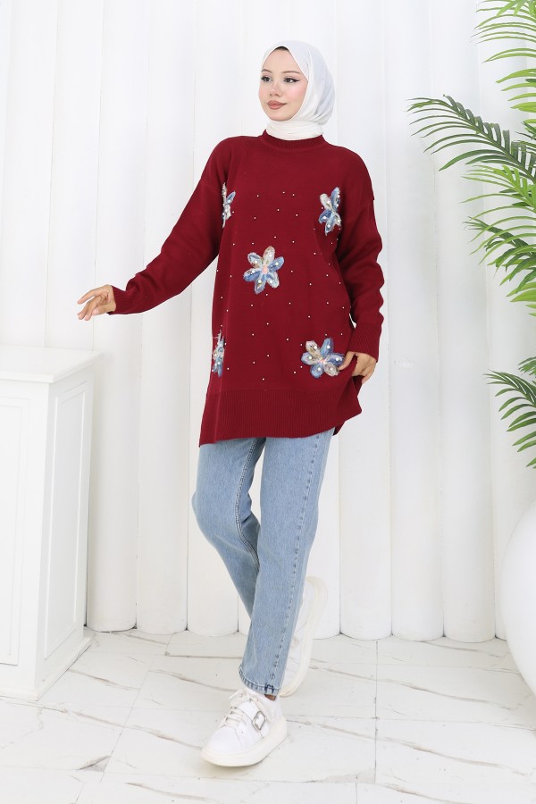 Çiçekli Triko Tunik S3010 Bordo Çiçekli Triko Tunik S3010 Bordo