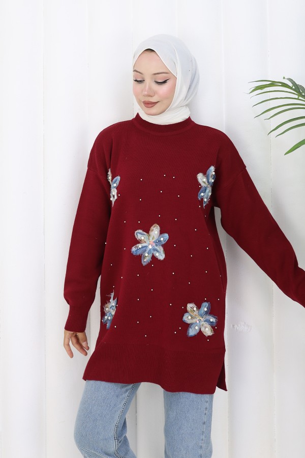 Çiçekli Triko Tunik S3010 Bordo Çiçekli Triko Tunik S3010 Bordo