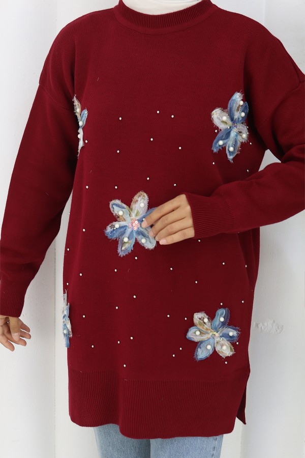 Çiçekli Triko Tunik S3010 Bordo Çiçekli Triko Tunik S3010 Bordo