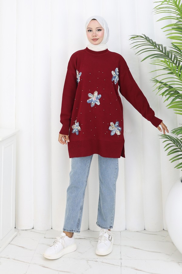 Çiçekli Triko Tunik S3010 Bordo Çiçekli Triko Tunik S3010 Bordo